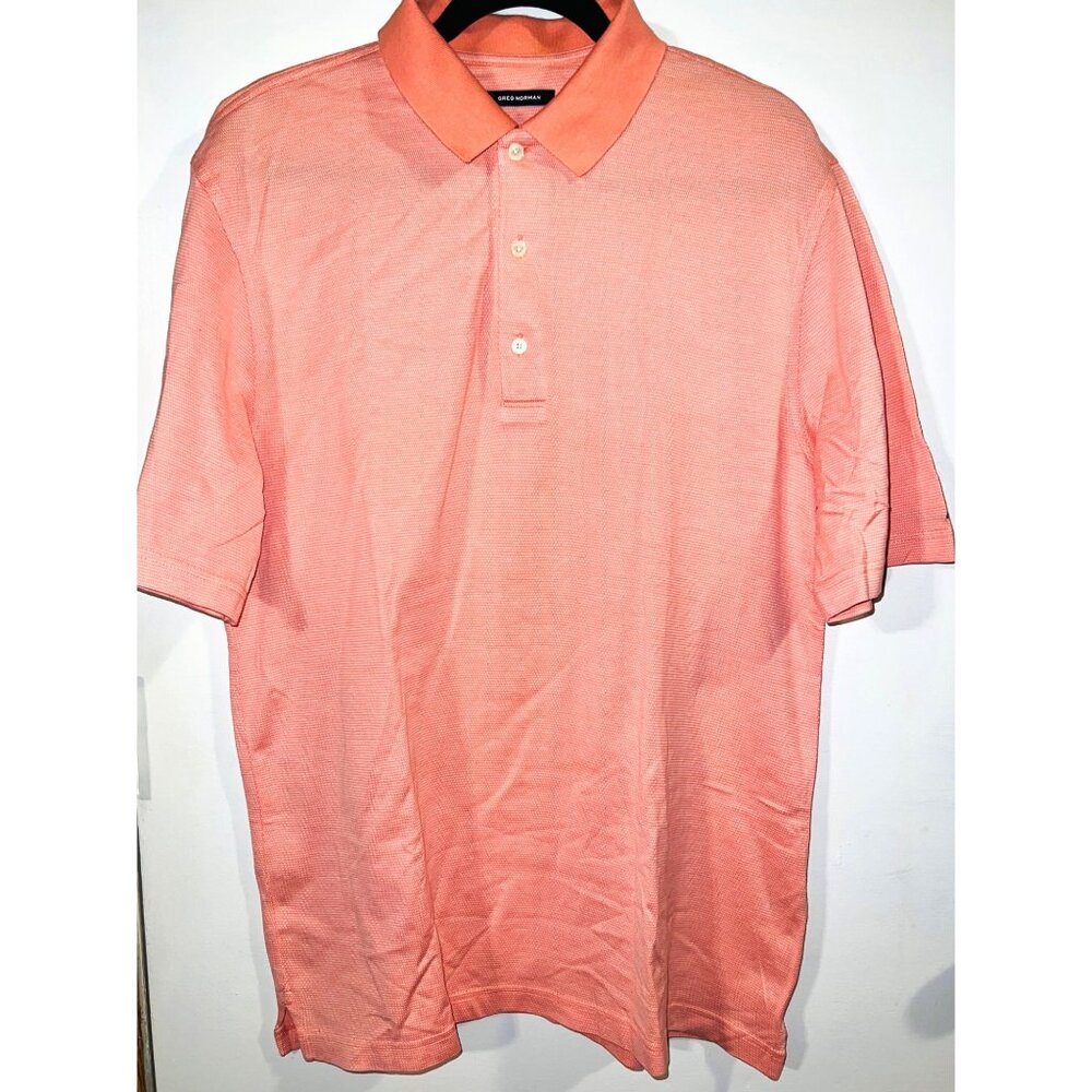 Greg Norman Mens Polo Shirt L 100% Cotton Peach Short Sleeve Embroidered Shark
